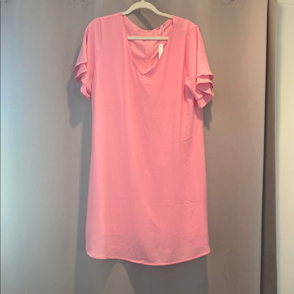 Pink Ruffle Sleeve Women's Dress